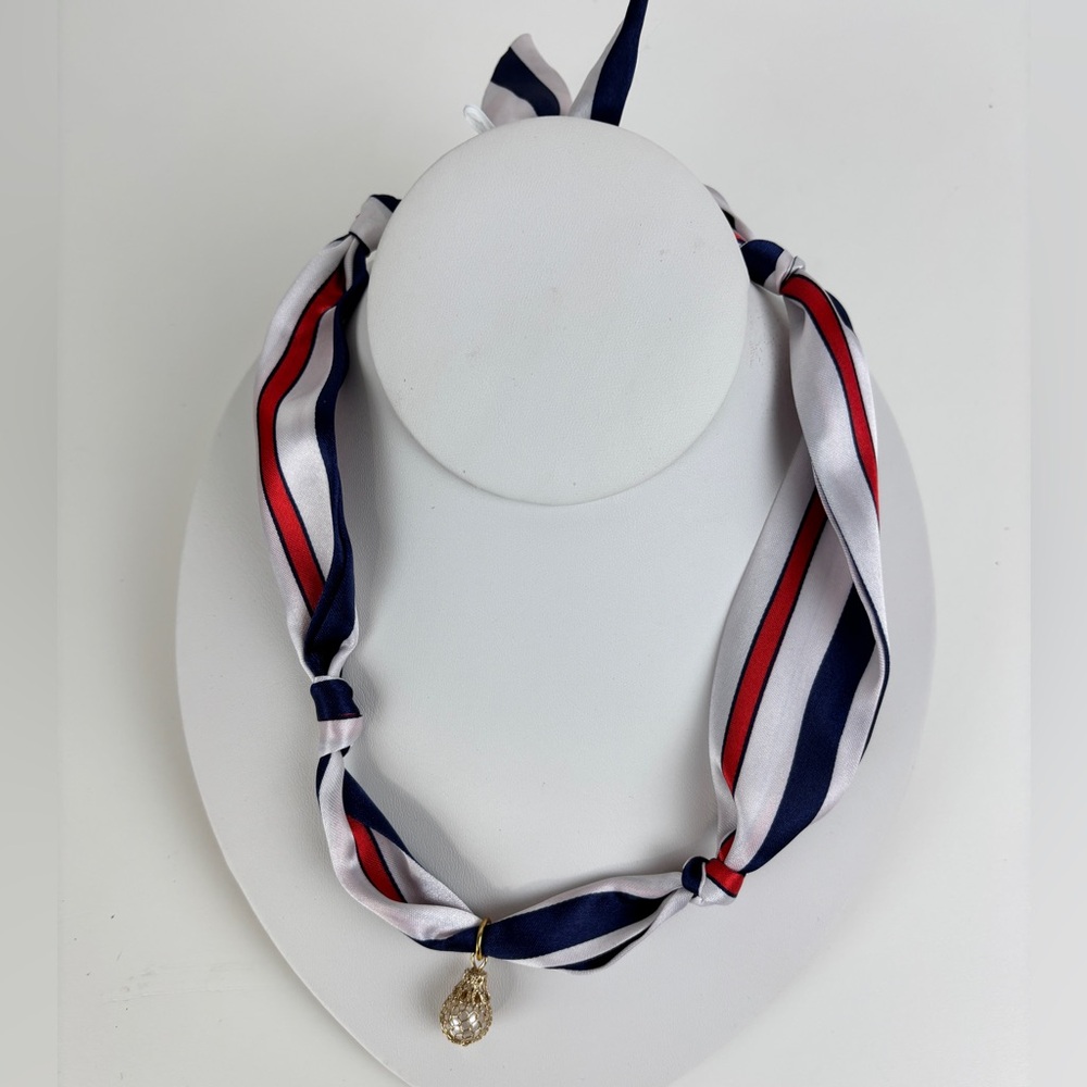 Striped Silk Scarf Necklace with Teardrop Pendant